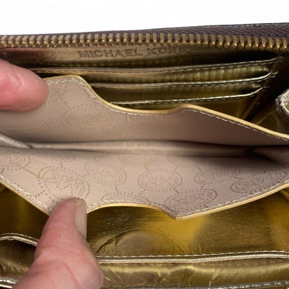 Michael Kors Small Monogram Zip Around Wallet Brown Leather Gold Logo Plate - Picture 6 of 8